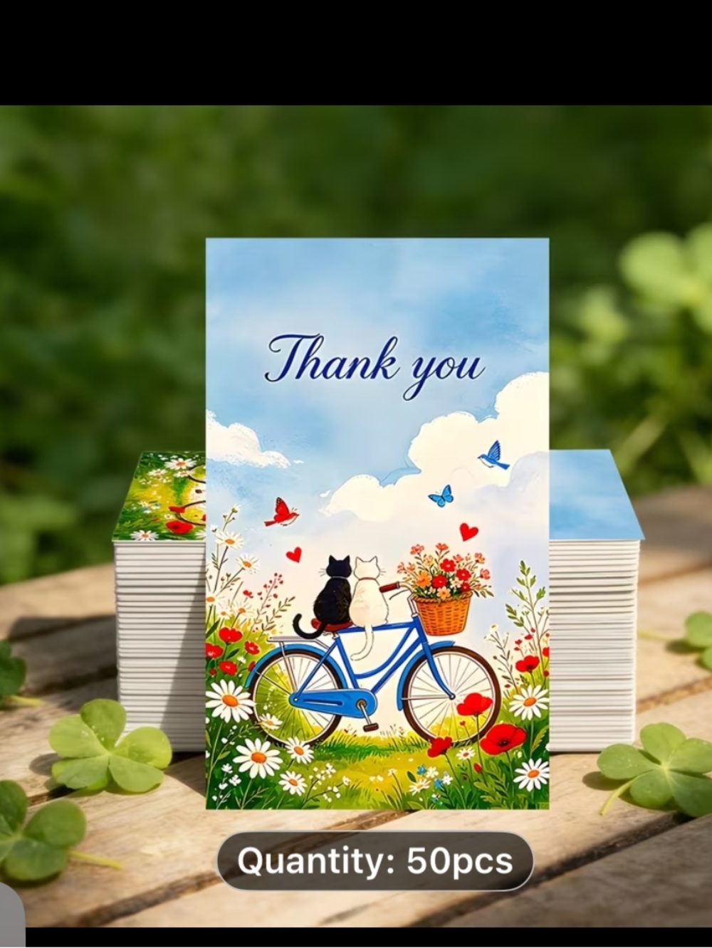 Thank You Note Cards with Blue Bicycle and Cats - Pack of 50